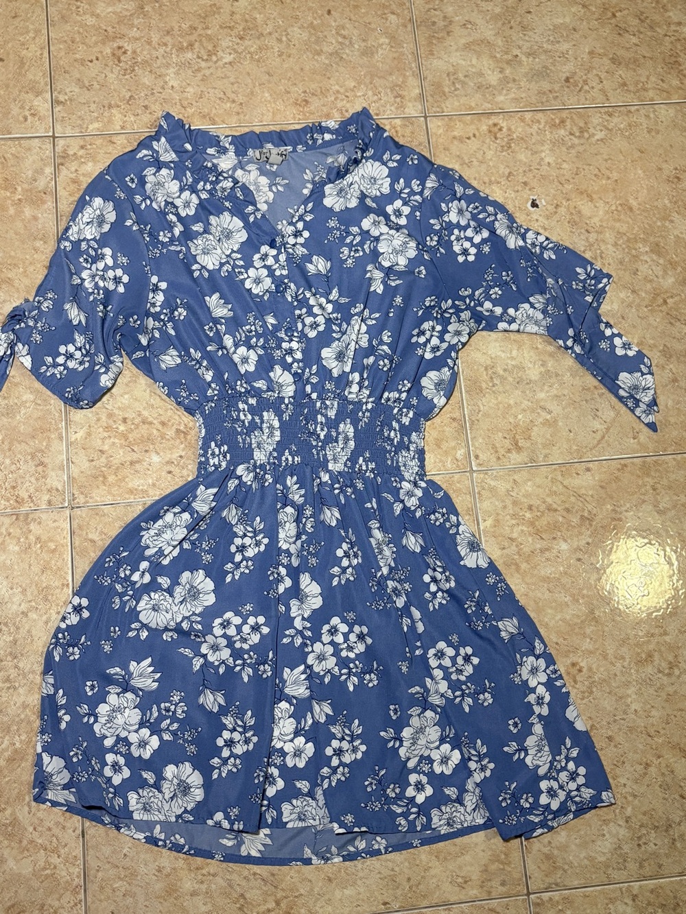 Blue Floral Short Sleeve Dress with Smocked Waist